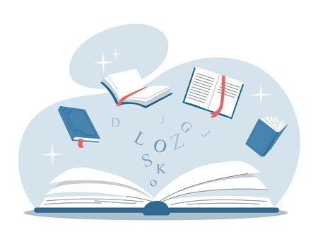 Ein Buch mit fliegenden Buchstaben und Büchern