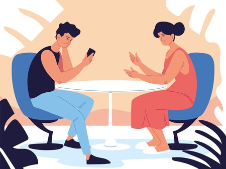 Ein Paar sitzt sich gegenüber, der Mann schaut auf sein Handy während die Frau etwas erzählt (Illustration)