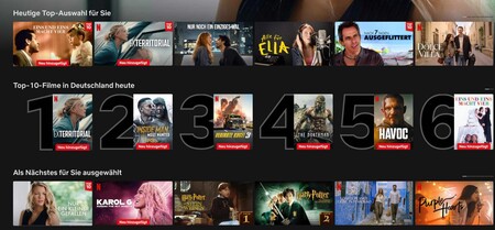 Ein Screenshot von einer Netflix-Seite, wo verschiedene Filme vorgeschlagen werden.