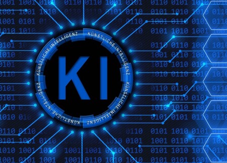 Die Buchstaben "KI" stehen in einem Kreis aus Datenmengen.