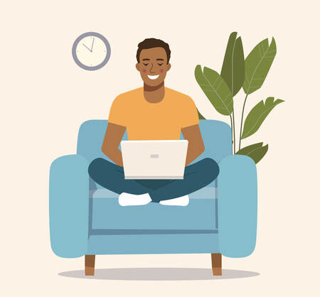 WhatsApp Web Ein junger Mann sitzt mit einem Laptop auf dem Sessel (Illustration)