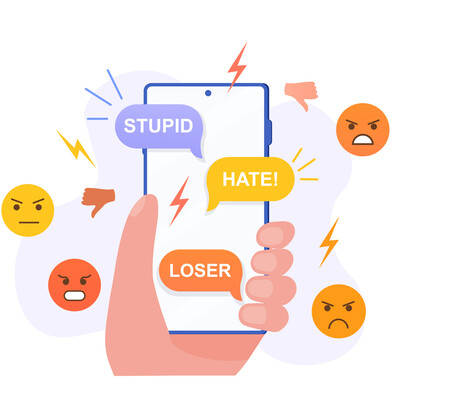 Eine Illustration eines Handys, das von bösen Emojis und gemeinen Begriffen umgeben ist.