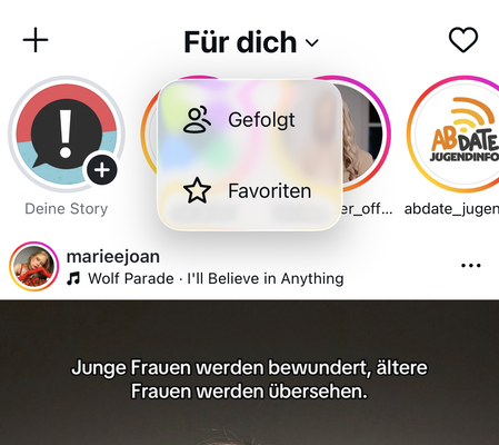 Screenshot vom Dropdown Menu auf der Instagram Für-Dich-Seite
