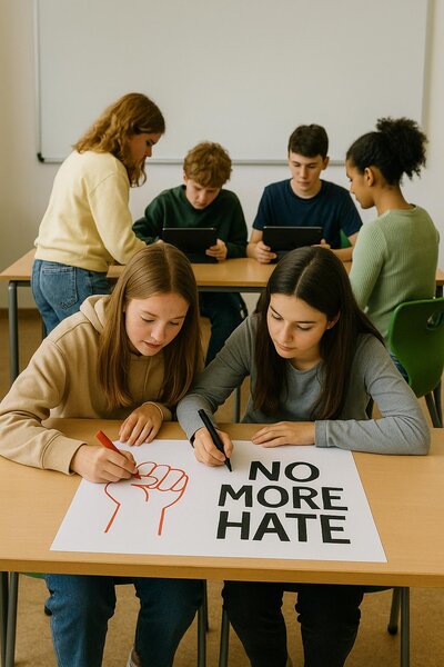 Ein paar Schüler sitzen in zwei verschiedenen Gruppen im Klassenraum und arbeiten an einer Aufgabe. Die Einen beschriften ein Plakat mit der Aufschrift "no more hate" und die Anderen sitzen an Tablets.