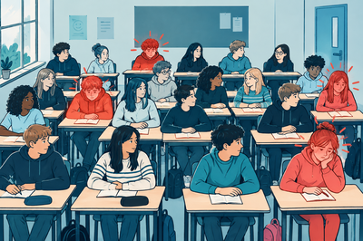 Das Bild zeigt ein Klassenzimmer mit 20 Schüler:innen. Vier von ihnen sind rot markiert, es zeigt, wie viele tatsächlich von Cybermobbing betroffen sind.
