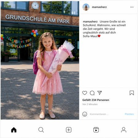 Ein vermeidlich harmloser Social Media Post, der mehr Informationen preisgibt, als man zunächst denkt. Das Bild zeigt ein junges Mädchen mit einer Schultüte im Arm mit der Aufschrift "Sofia". Sie steht vor der "Grundschule am Park".