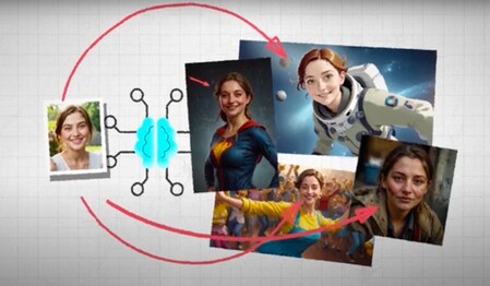 Das Gesicht einer jungen Frau wird mit Hilfe von KI in verschiedene andere Bilder montiert.