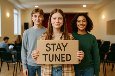 Drei Jugendliche stehen in einem Verastaltungsraum und halten ein Schild mit der Aufschrift "STAY TUNED" hoch