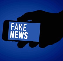 Eine Hand hält ein Smartphone, auf dem "Fake News" steht