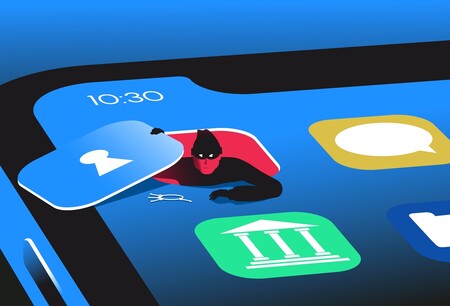 Ein Handy-Display mit verschiedenen Apps – ein App-Symbol öffnet sich und dahinter schaut ein Betrüger hervor.