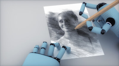 KI kreativ nutzen Hände eines Roboters zeichnen eine Bleistiftskizze einer Frau.
