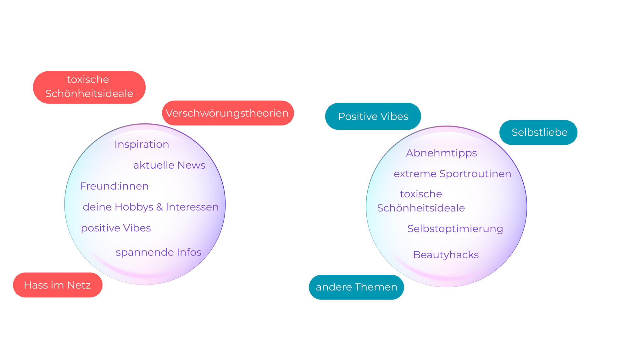 Grafik mit zwei Seifenblasen. In der ersten Seifenblase stehen positive Wörter, wie Hobbys und Interessen, spannende Infos. Bedrohungen wie Verschwörungstheorien und Hass im Netz prallen von der Blase ab. Bei der zweiten Blase ist es andersherum. Drinnen sind Begriffe wie toxische Schönheitsideale, draußen Selbstliebe und Positive Vibes.