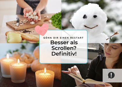 Es sind vier Fotos in einer Collage zu sehen: Oben links ist ein Holzbrett mit Gemüse, daneben ein Schneemann, darunter eine Junge Frau die ein Buch liest und daneben Kerzen im Wellness Stil.