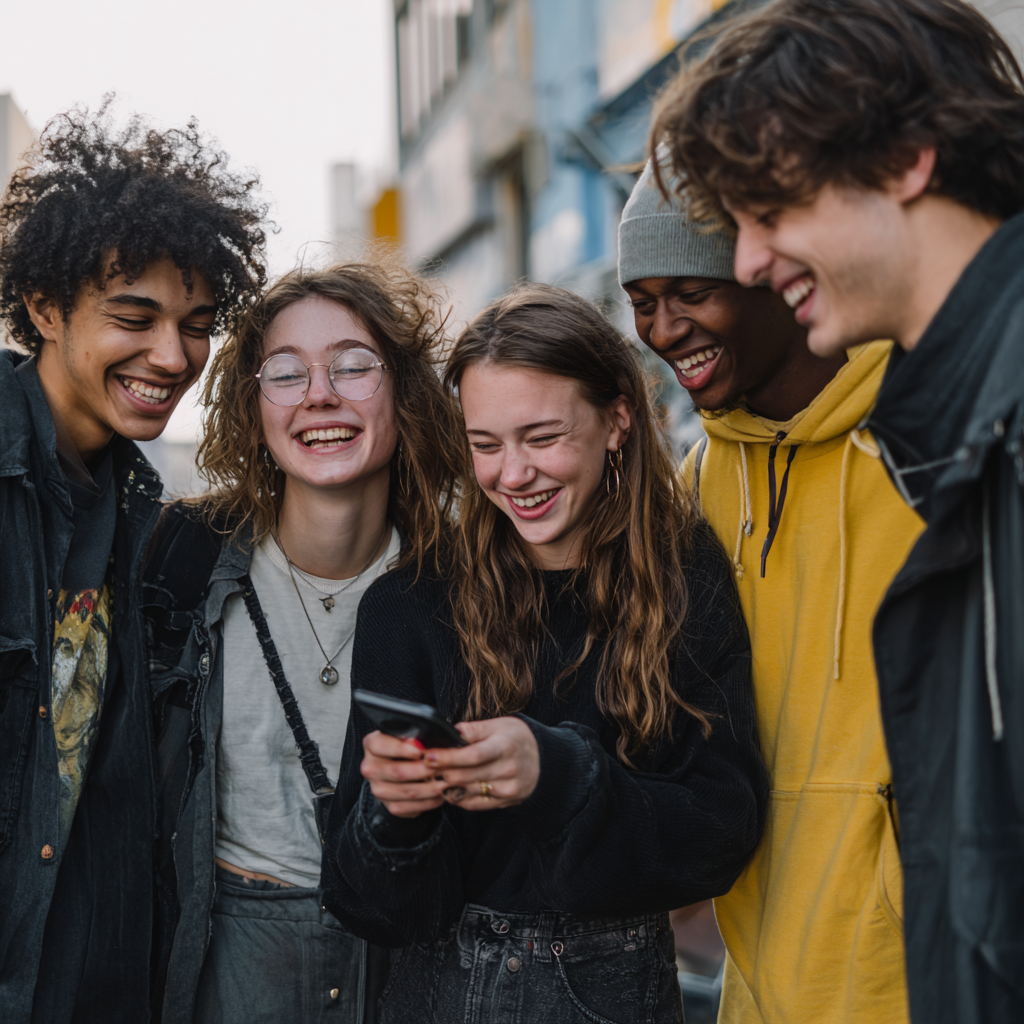 Jugendliche sehen sich gemeinsam etwas am Handy an