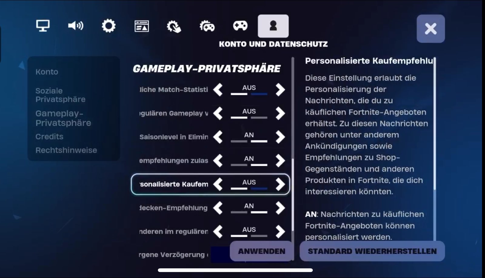 Privatsphäreeinstellung Fortnite personalisierte Kaufempfehlung