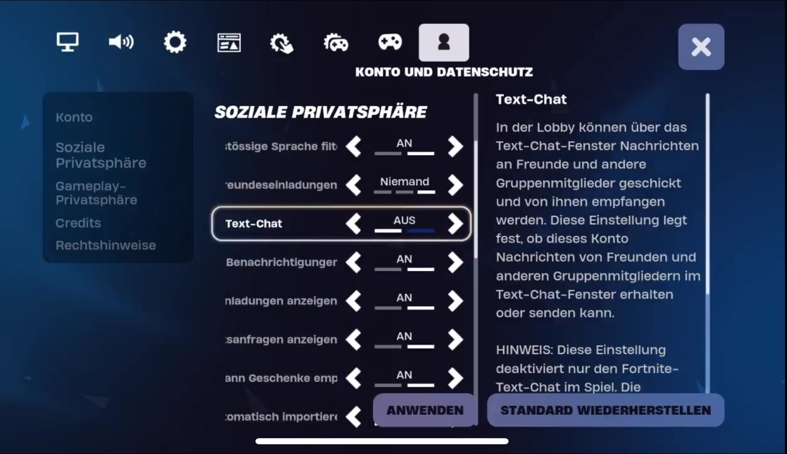 Einstellungen Text-Chat
